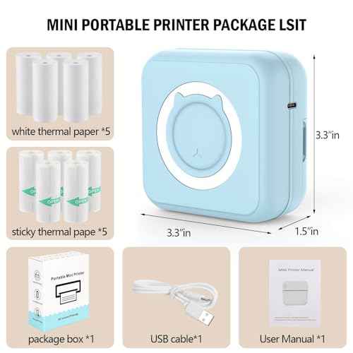 Mini Blue-Tooth Printer, Wireless Sticker Printer with 10 Rolls Paper for iPhone/Android