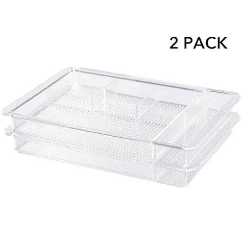 Oubonun Expandable Drawer Organizer 11.1¡± to 19.2¡± Width, Shallow Cosmetic Organizer 1.3¡± Height, 2 Packs, Clear Plastic Storage Trays for Dressing Table,Bathroom