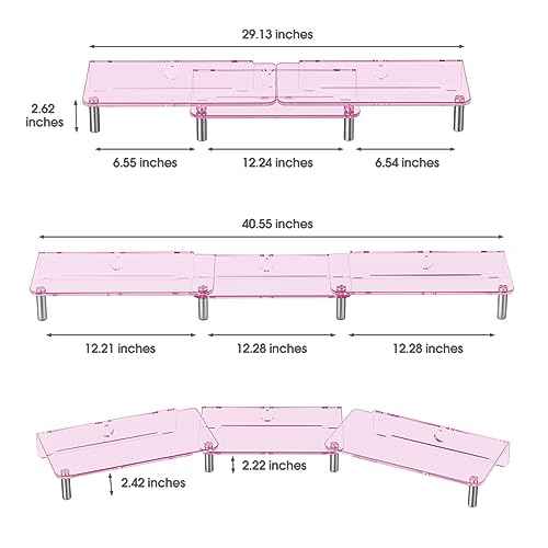 dual monitor stand riser, 3-layer pink acrylic monitor stand with anti slip pad, adjustable length and angle, suitable for 2 monitors, desktop, laptop, PC, printer, TV screen (Pink acrylic)