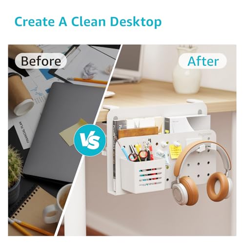 Desk Side Storage Organizer, No Drill Under Desk Laptop Holder, Clamp on Desks Shelf with Pegboard Accessories, Hanging Laptop Mount, Fits Flat Edge 0.4" to 2.2", White