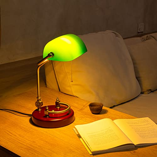 Bankers Lamp, Traditional Green Desk Lamp with Solid Birch Wood Base, Green Glass Antique Library Lamp with Pull Chain Switch, Plug in Vintage Bankers Desk Lamp for Office, Study Room ¡¼E26 Socket¡½