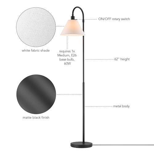 GLOBE Electric 61000146 62" Floor Lamp, Matte Black, White Fabric Shade, On/Off Rotary Switch on Socket, 6-Foot Black Cord, Reading Light, Bedroom, Living Room, Home Decor