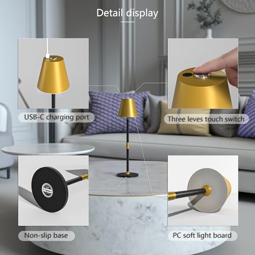LED CordlessTable Lamp,4000mAh Rechargeable Battery Desk lamp,3 Level Brightness Beside Night Light, Minimalist Design, for Couple Dinner/Coffee Table/Restaurant/Bedroom(Gold&Black 4PACK)