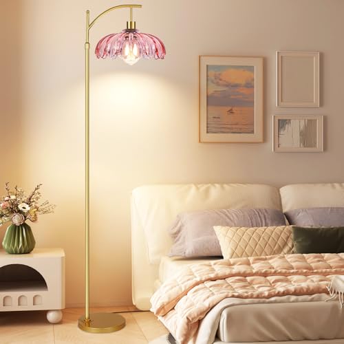 QIYIZM Pink Floor Lamp 4 - Dimmable Tall Arc Lamp with Remote & Adjustable Height, Mid Century Modern Boho Brass Lighting for Living Room & Bedroom
