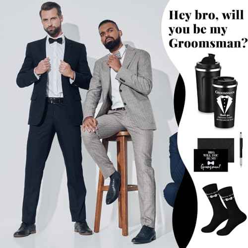 Nuanchu 4 Set Groomsmen Gifts for Men Wedding Proposal Gift 17 oz Stainless Steel Tumbler Groomsman Socks Multi Tool Metal Ballpoint Pen with Black Greeting Card Envelope for Groomsmen male (Black)