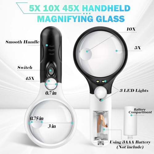 NZQXJXZ Black Handle 45X 10X 5X Compact Handheld Magnifying Glass with Light