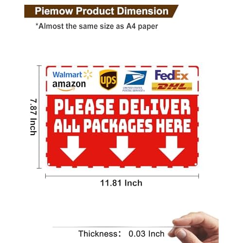 Package Delivery Metal Sign, Please Deliver All Packages Here, Waterproof & Rustproof Red Aluminum Delivery Instructions for Box House Yard Front Door Outdoor Home Use 8¡¿12 Inch