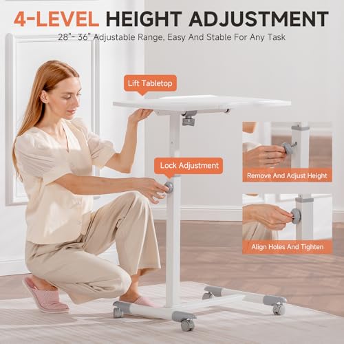 GTRACING Mobile Small Standing Desk, Tiltable Sit Stand Portable Rolling Laptop Desk with Lockable Wheels, Adjustable Height Overbed Bedside Table Computer Workstations, White
