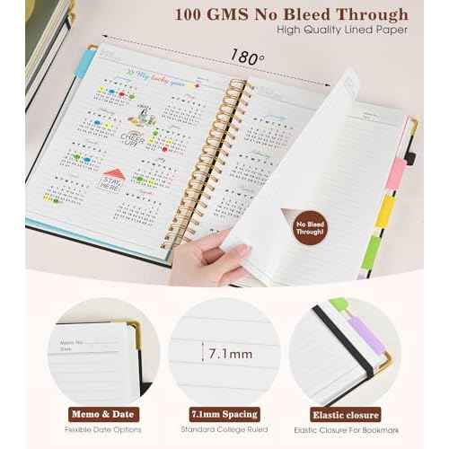 Hardcover Large Spiral Notebook 8.5" x 11" with Removable Dividers Tabs, 300 Pages Leather 5 Subject Notebook College Ruled, A4 Journal for Women Men, Notebooks for Work School Note taking,Black