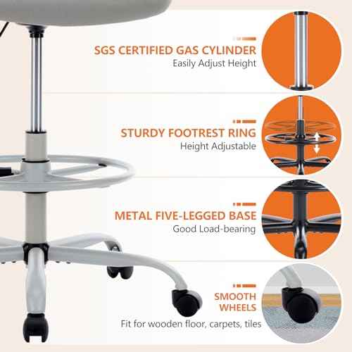 DUMOS Drafting Chair for Standing Desk, Counter Height Adjustable, Flip-up Arms, Ergonomic Mid Back Mesh Rolling Work Swivel Office Computer Chairs with Wheels, Grey