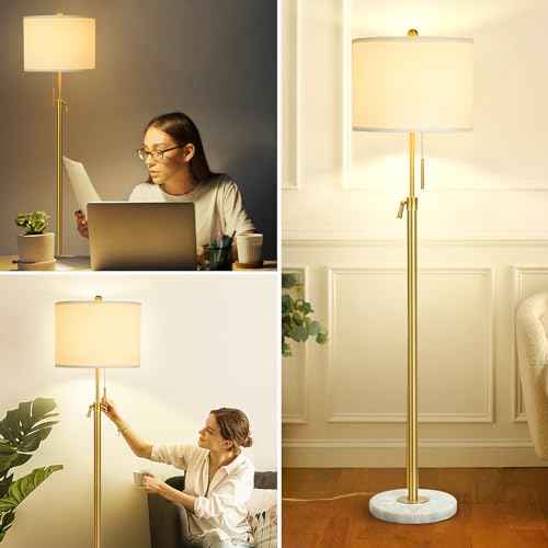 ¡¼Upgrade¡½ Gold Floor Lamps for Living Room, 55"-67" Height Adjustable Modern Standing Lamp with Marble Base, Pull Chain Switch, 3-Way Dimmable Tall Pole Lamp for Bedroom Office Reading, Bulb Included