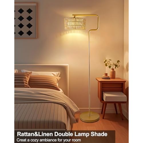 Lightdot 62IN Arc Rattan Floor Lamps for Living Room, Boho Standing Lamp with Rattan& Linen Double Lampshades, E26 3000K Soft Warm White Bohemian Caged Floor Lamp for Bedroom, Office-Gold