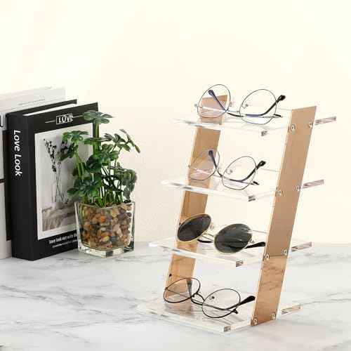 uxcell Sunglasses Display Stand, 1Pcs - Transparent Acrylic Sunglass Rack, 4-tier Glasses Stand, Eyewear Rack for Optical Shop Home Shopping Mall (Gold)