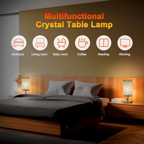 Crystal Table Lamp, Cordless Touch Desk Lamp, Dimmable Bedside Lamp, Modern Nightstand Lamp, 3000K Warm White LED Bulb with USB C+A Charging Port 4000MAH Battery Operated Light for Bedroom