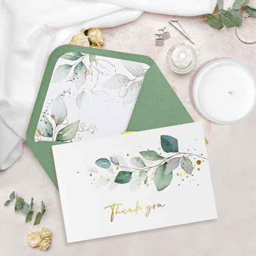 Luxurious Gold Thank You Cards with Envelopes, 32 Pack eucalyptus Blank Cards All Occasion Thank You Notes Perfect for Wedding, Baby shower, Business, Graduation, Bridal shower 6" x 4"