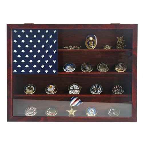 Military Challenge Coin Display Frame 12x16, Wooden American Flag Wall Decor Medal Display Case, Government Military Challenge Coin Holder Red