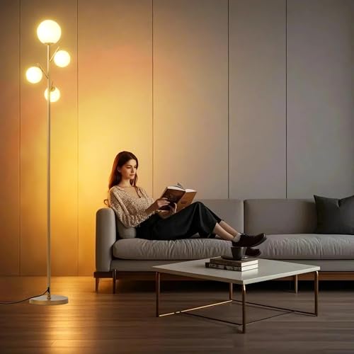 Fiqevs 4 Globe Gold Floor Lamp, Modern Sputnik Tree Standing Lamp with Frosted Glass Ball Lampshade & 3000K LED Bulbs, Mid Century Contemporary Tall Lamp for Living Room, Bedroom - Antique Brass