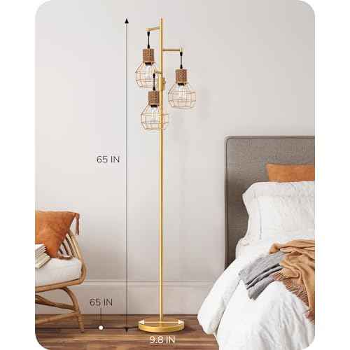 EDISHINE Dimmable Farmhouse Floor Lamp for Living Room, Industrial Standing Lamp with 3 LED Edison Bulbs, Corner Rustic Rattan Tall Tree Reading Lamps Home Decor for Bedroom, Office, Gold