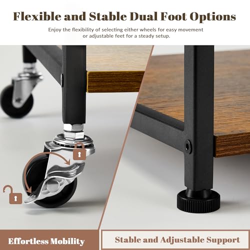 Printer Stand - Large 3 Tier Printer Table with Adjustable Storage Shelf - Rolling Cart with Wheels -Stable Desk for Home Office Use (Rustic Brown)