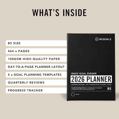 MI GOALS Goal Digger Daily Planner 2026 | Dated Journal for Gratitude, Progress & Habit Tracking | Day-To-A-Page B5 (Black)