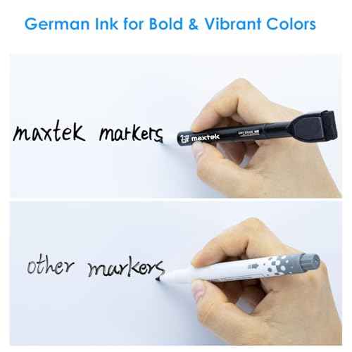 maxtek Magnetic Black Dry Erase Markers, 6 Count Fine Tip Whiteboard Markers with Eraser, Thin Markers Low Odor for Classroom, Office, Home