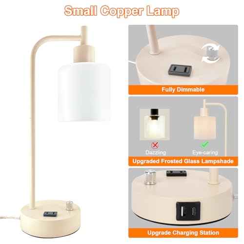 GLITI Industrial Table Lamp Desk Lamp, Stepless Dimmable Desk Lamp with 2 USB Ports and AC Power Outlet, Frosted GlassShade, Eye-Caring Bedside Nightstand Lamps for Bedroom Living Room (Apricot)