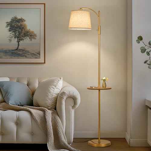 AIDENOEY Fully Dimmable Floor Lamp for Living Room£¬Standing Lamp Rotary Switch with Table&Linen Beige Shade£¬Golden Tall Lamps for Bedroom with Adjust Head£¬9W LED Bulb Included