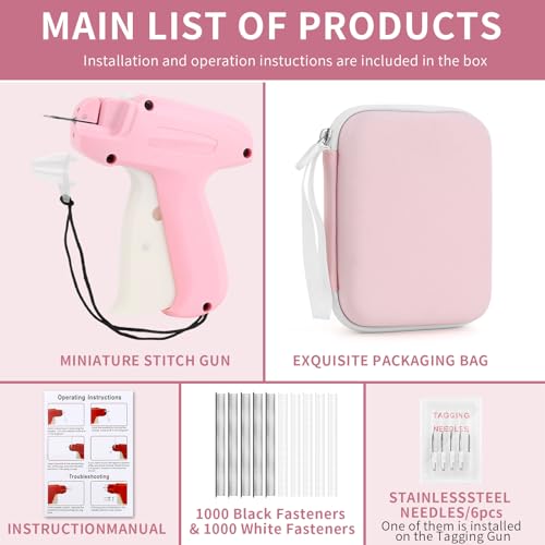 Stitch Gun for Clothing, Mini Sewing Stitch Tagging Gun for Clothes, Stitch Gun Quick Clothing Fixer with 6 Needles, 1000 Black & 1000 White Micro Fasteners & 1 Hard Carrying Case £¨Pink£©