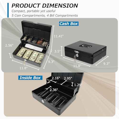 CARL CB-2011, Lockable Cash Box with Coin Tray ? Durable Metal Money Box with Key Lock for Bills & Change ? Portable Organizer for Markets, Events, Vendors & Fundraisers.