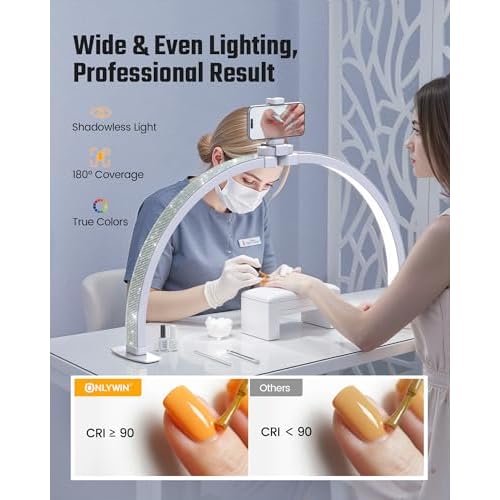 Half Moon Light for Nail Desk, Foldable Arch Nail lamp for Desk with Rhinestones,CRI¡Ã90 LED with Phone Holder, Shadowless Table Lamp Perfect for Manicure Handicraft Lighting,White