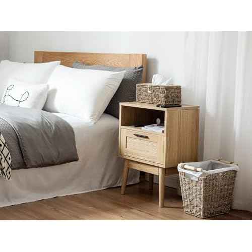StorageWorks Seagrass Waste Basket for Living Room, Wicker Trash Can with Wooden Handles for Bedroom, Bathroom Trash Can, 12 Liter, 1 Pack