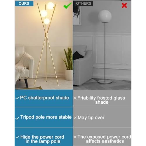 Lightdot Globe Dimmable Floor Lamp Gold Tripod Standing Lamps with 3PCS 3000K G9 Bulbs Stable Based Mid Century Modern Floor Lamp for Living Room/Bedroom