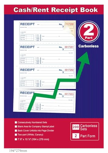 Gimehome Money and Rent Receipt Book 2-Part Carbonless Spiral Bound 7-5/8" x 11" - 1 Pack, 200 Sets