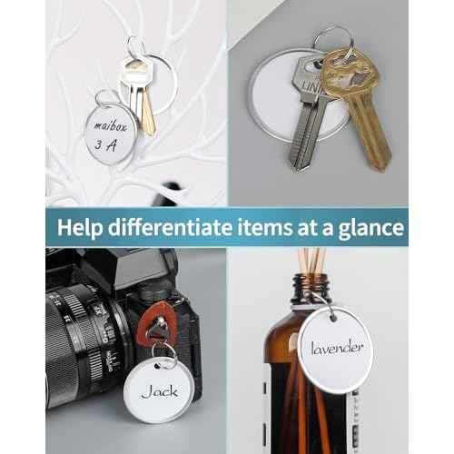 Uniclife 100 Pack Key Tags 1.5 Inch Round Key Chain Tags Writable White Paper Labels with Metal Edges and Split Rings Sturdy Lightweight Key Item Identifiers