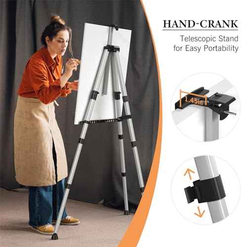 Portable Art Painting Easel Stands - Adjustable Display Artist Tripod Metal Easels with Bags for Table-Top/Floor Painting, Height from 17 to 66 inches, Sturdy for Drawing, Displaying - Silver