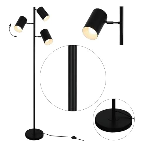 Tree Floor Lamp with 3 Light 9W E26 LED Bulbs,Black Standing Tall Pole Lamp with 3 Adjustable Rotating Lights,Modern Floor Lamp for Living Room Bedroom Office,Reading Room