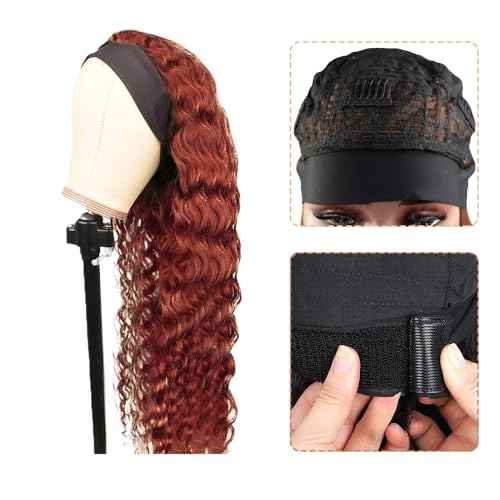 32 Inch #33 Reddish Brown Headband Wig Human Hair 150% Density Grade 8A Unprocessed Brazilian Virgin Hairs Machine Made Auburn Brown Water Wave Headband Wig Human Hair None Lace Front Wig