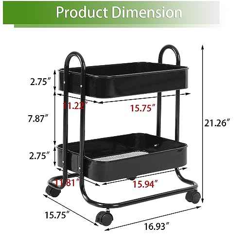 Melody House 2 Tier Metal Mesh Utility Rolling Cart Storage Organizer with Lockable Wheels for Office Kitchen Living Room Laundry Bathroom Black
