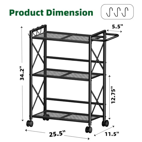 Simple Trending Rolling Cart, 3 Tier Bar Cart with Wheels, Heavy Duty Metal Storage Dining Cart for Kitchen, Black