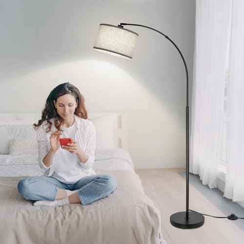 Black Arc Floor Lamps for Living Room,Modern Standing Lamp with Adjustable Drum Lampshade Tall Pole Lamp with Foot Switch Over Couch Arched Floor Light for Reading Bedroom 8W LED Bulb Included