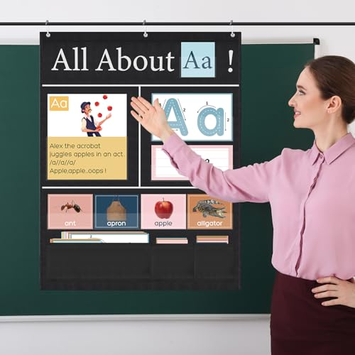 Blosssound 34 x 27 All About Letter Pocket Chart 103 ABC Flash Cards Letter of The Day Week Chart Alphabet Tracing Educational Wall Poster Teachers Homeschool Learning Activities(Black)