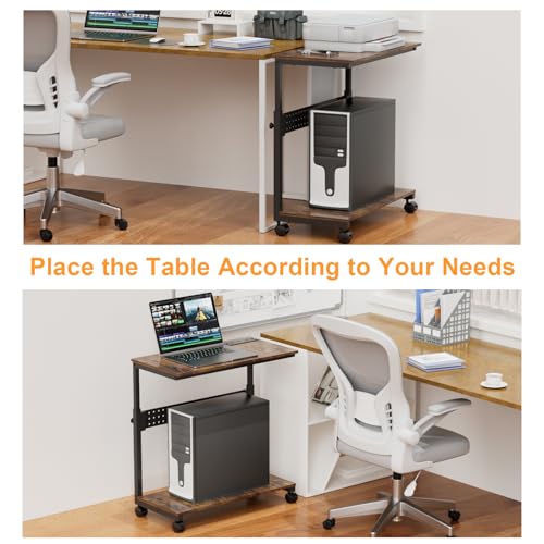 Computer Tower Stand with Charging Station, Height Adjustable 2-Tier CPU Stand with Power Strip and USB Ports, PC Tower Cart with Wheels and Printer Shelf, Rustic Brown and Black