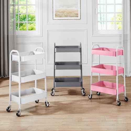 TOOLF Metal Utility Cart No Screw, 3-Tier Easy Assemble Utility Serving Cart, Sturdy Storage Trolley with Handles & Lockable Wheels for Kitchen Garage Bedroom Bathroom, Pure Grey