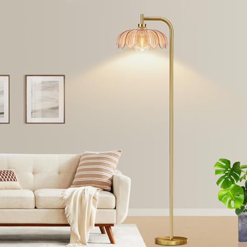 Brass Dimmable Floor Lamp Gold Glass,Tall Lamp Mid Century Modern Retro Standing Lamp with Remote Green Floor Light Lamp Boho Vintage Bohemian Bedroom