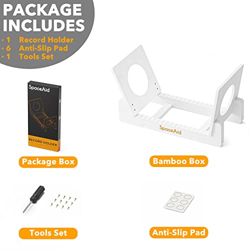 SpaceAid Bamboo Record Storage Holder Shelf, Holds Up to 50 Albums, 7 or 12 inch LPs, Stand Organizer Display, Gifts for Vinyl Lovers (White)