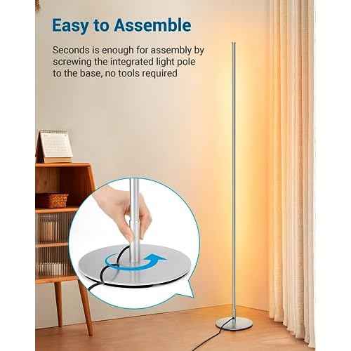 DEWENWILS Floor lamp, 1100Lumen Modern Dimmable Corner Floor Lamp with 3000K Warm Light & Foot Switch, 57.5" Tall Standing Lamp for Living Room, Bedroom, Silver