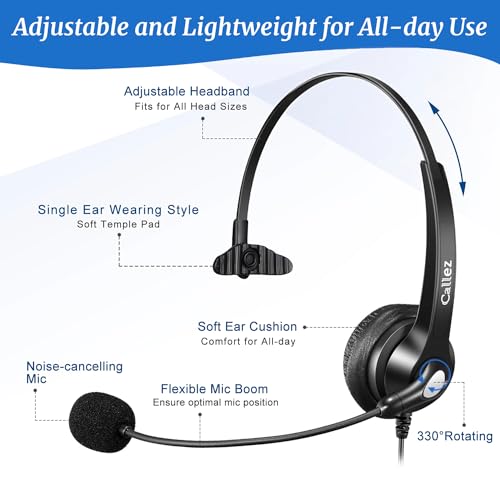 Callez Yealink Phone Headset with Quick Disconnect Cable, RJ9 Office Telephone Headset with Mic Noise Cancelling Compatible with Yealink T20P T21P T42S T46S T48S T54W Avaya 9608 9611 Grandstream Snom