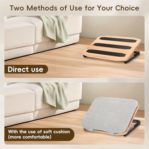 Wood Footrest Adjustable Ergonomic Foot Rest- Under Desk 7 Adjustable Angles Wood Under Desk Footrest, Foot Rest for Office Home - Natural-with Gray Silicone Cushions