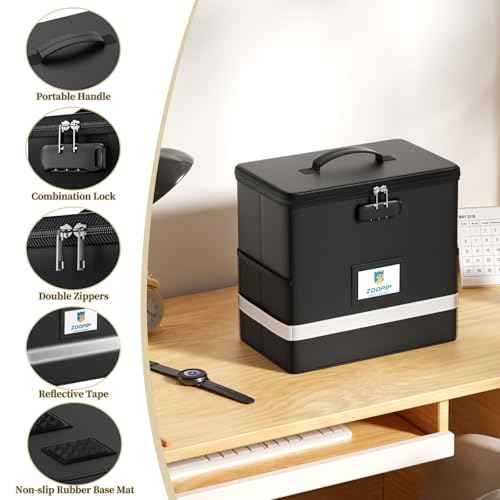 Fireproof File Box with Lock, Document Box Storage Organizer, Suitable for Hanging File Folders in Letter Size, Collapsible File Box, Reflective Strip for Fast Find (12.2"*6"*10.2, Black)