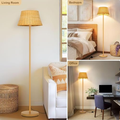 Upgraded:Boho Floor Lamps for Living Room, Rattan Floor Lamp with Woven Wicker Lampshade, 62 inches Mid Century Modern Standing Light, Farmhouse Rustic Coastal Lamp for Bedroom Office,Easy Foot Switch